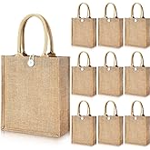 Shappy 10 Pcs Jute Burlap Tote Bags Burlap Gift Tote Bulk with Handles Lined Reusable Welcome Favor Bags for Wedding Bridesmaid Proposal Beach Party Grocery Shopping DIY Crafts, 11.1" x 9.4" x 3.9"