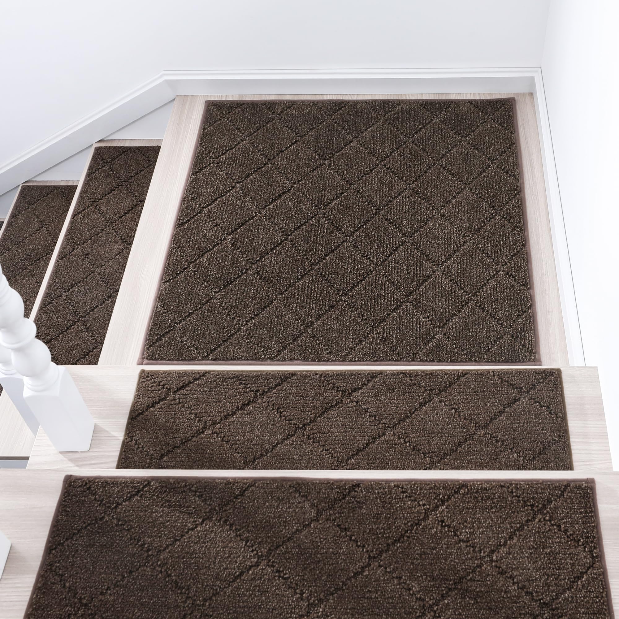 Photo 1 of COSY HOMEER Edging Stair Treads Non-Slip Corner Indoor Stair Runners for Wooden Steps,Landing Slip Resistant Stair Rugs Mat for Kids and Dogs,100% Polyester TPE Backing,Brown,30x30 inch