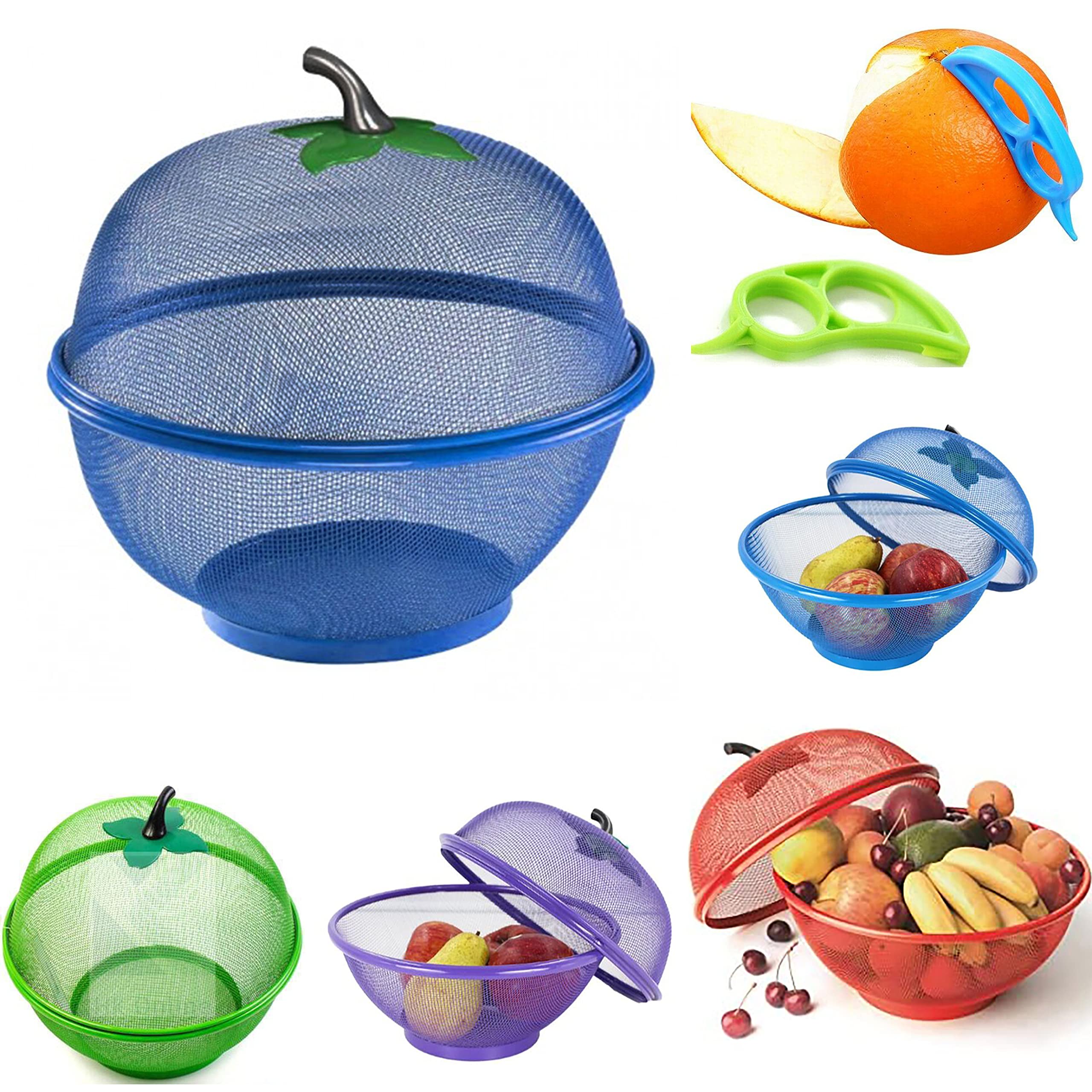 HK Online Blue Apple Mesh Fresh Fruits Basket & Ring Citrus Peeler, Fruit Bowl, Decorative Tablepiece -Keep Unwanted Pets, Bugs & Insects Out (1 Blue)
