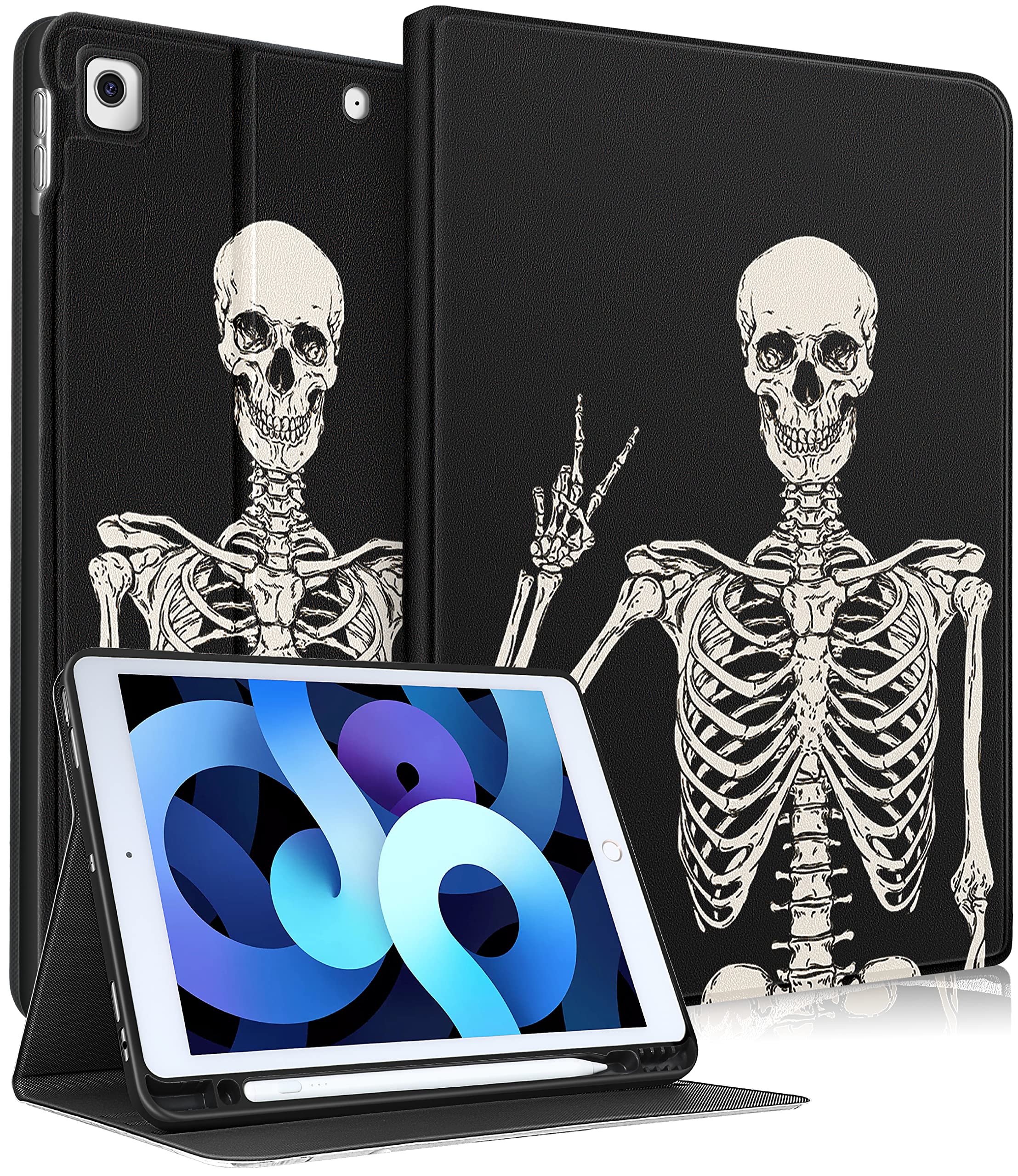 Pegmode for iPad 9th/8th/7th Generation Case Women Cute Skull Folio Cover Funny Skeleton Girls Boys Teens Gothic Design With Pencil Holder Smart Cover for Apple iPad 9/8/7 Gen Cases A2602 A2270 A2197