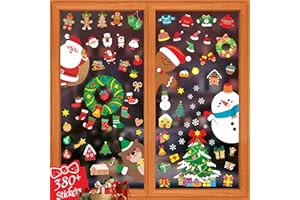 HEBAYY 380PCS Christmas Window Clings, Colorful Static Stickers Reindeer Bells Elf Snowflake Xmas Decoration Reusable Without Residue Party Supplies New Year Decals for Winter Holiday (12 Sheets)