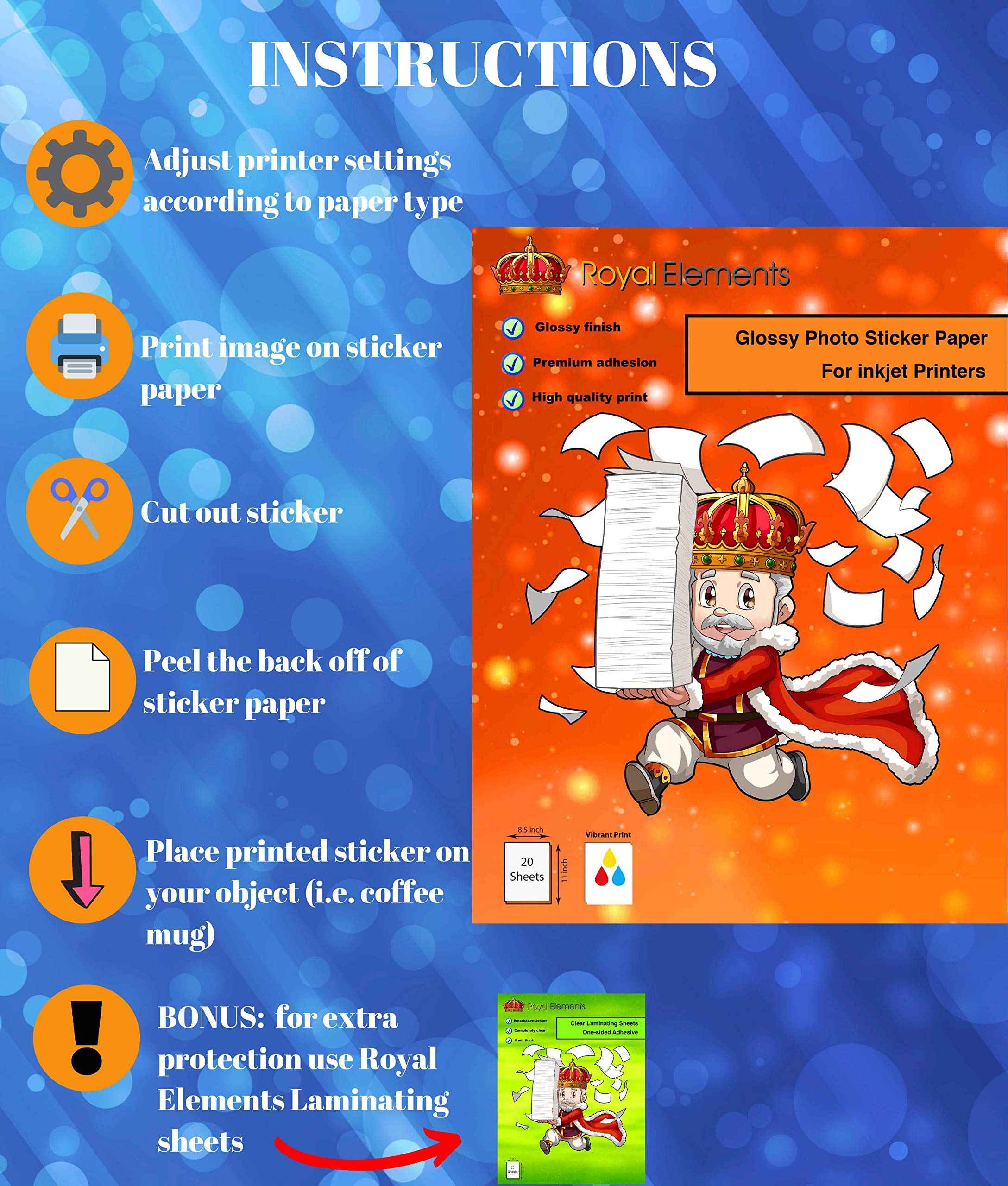 Royal Elements Glossy Printable Sticker Paper 20 Sheets for Inkjet