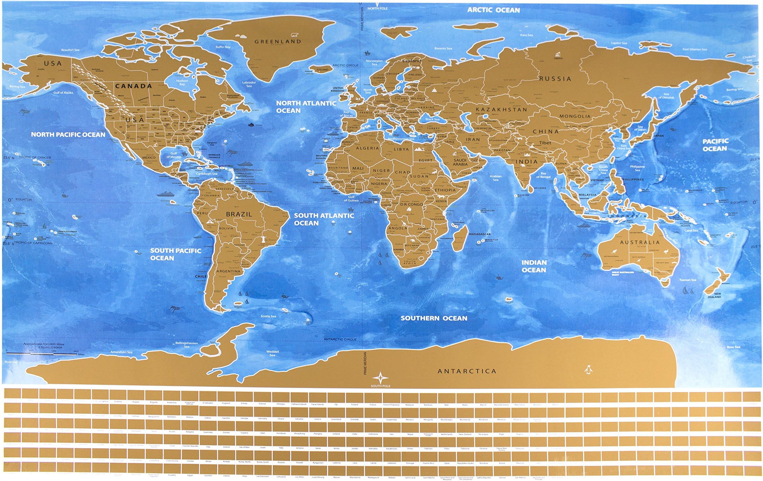 Scratch Off World Map Poster Traveler Gift Idea Cruise Tracker Gold Blue Ocean - NEW 2017 Design with World Flags - By JAYTEK - BONUS Map Scratcher Tool - 32" x 23" blue poster cruise traveler maps