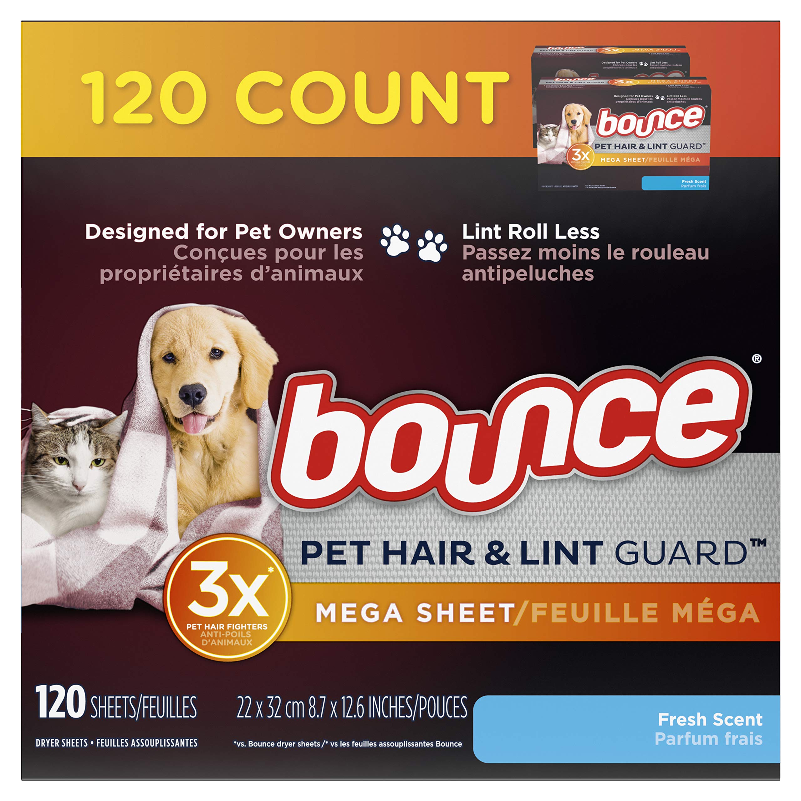 bounce Pet Hair and Lint Guard Mega Dryer Sheets with 3X Pet Hair