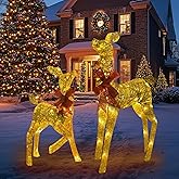 Christmas Decorations 38-inch Christmas Reindeer Decor Set Includes Two Reindeer: a Champagne Gold Female Deer and a Fawn with a Bow. Perfect for Outdoor Lawn displays and Holiday Arrangements.