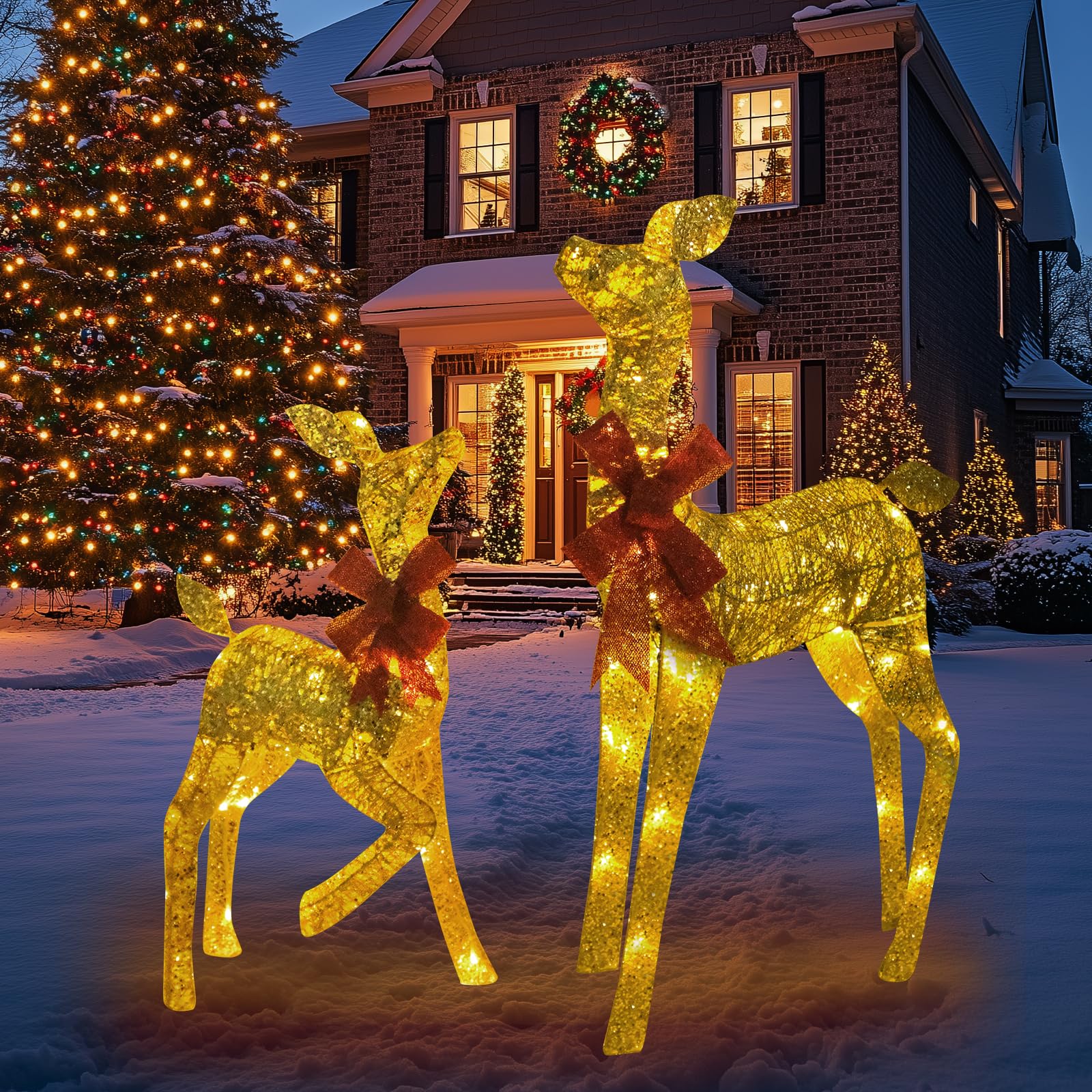 Photo 1 of Christmas Decorations 38-inch Christmas Reindeer Decor Set Includes Two Reindeer: a Champagne Gold Female Deer and a Fawn with a Bow. Perfect for Outdoor Lawn displays and Holiday Arrangements.