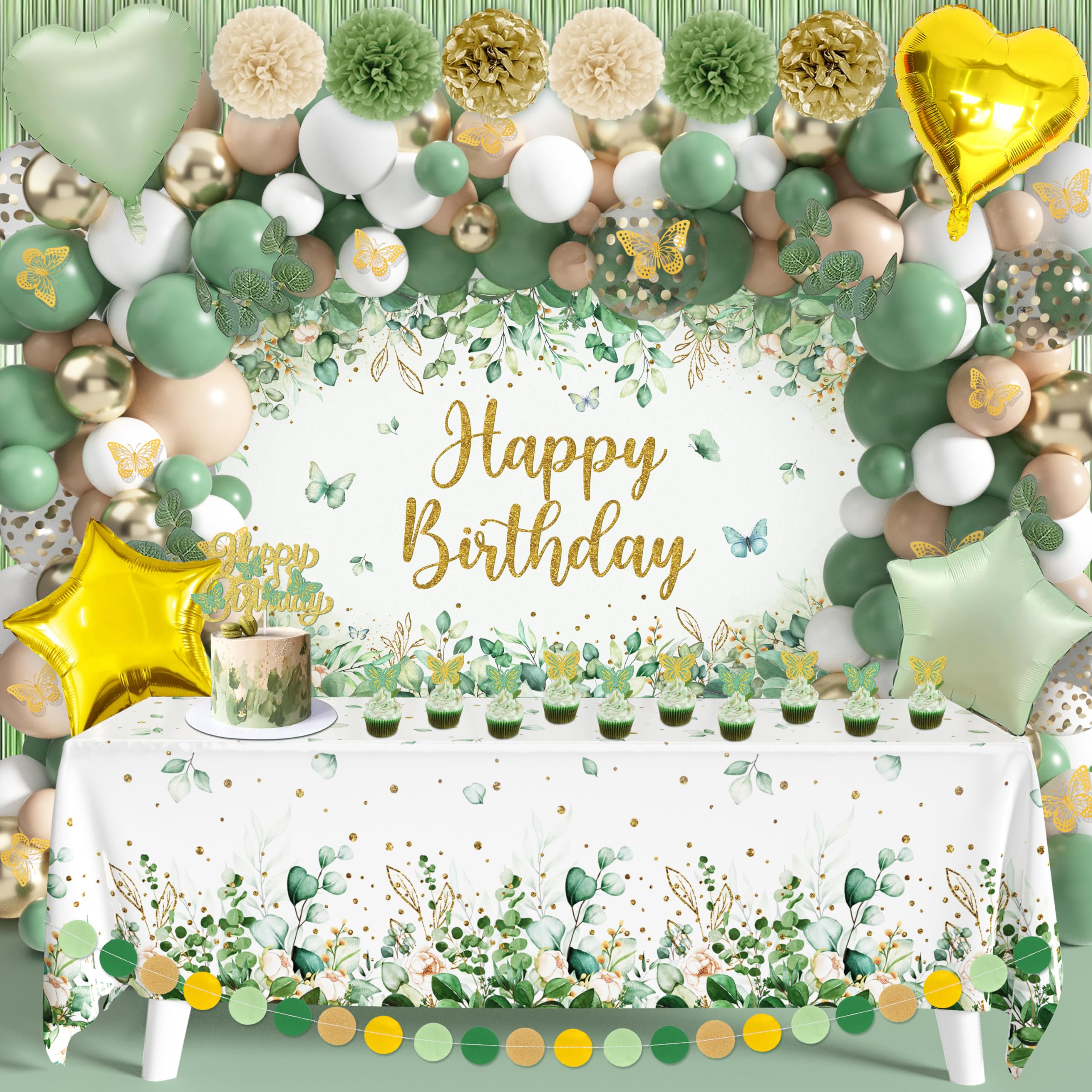Photo 1 of Sage Green Birthday Party Decoration Supplies for Boys Girls - Happy Birthday Backdrop, Tablecloth, Balloon Arch, Butterfly Stickers - Women Adult Decor, Neutral Baby Shower