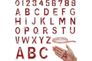PiinRoon Rhinestone Letter Patches, 36 Pcs Bling Glitter Alphabet Applique and 1 Roll Glitter Tape, Red Alphabet A-Z Number I