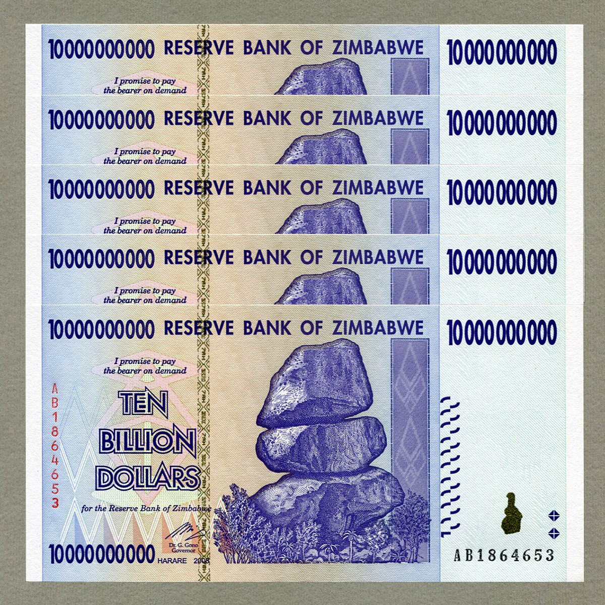 RBZ Collectibles Zimbabwe 10 Billion Dollars x 5 pcs 2008 P85 consecutive UNC currency bills