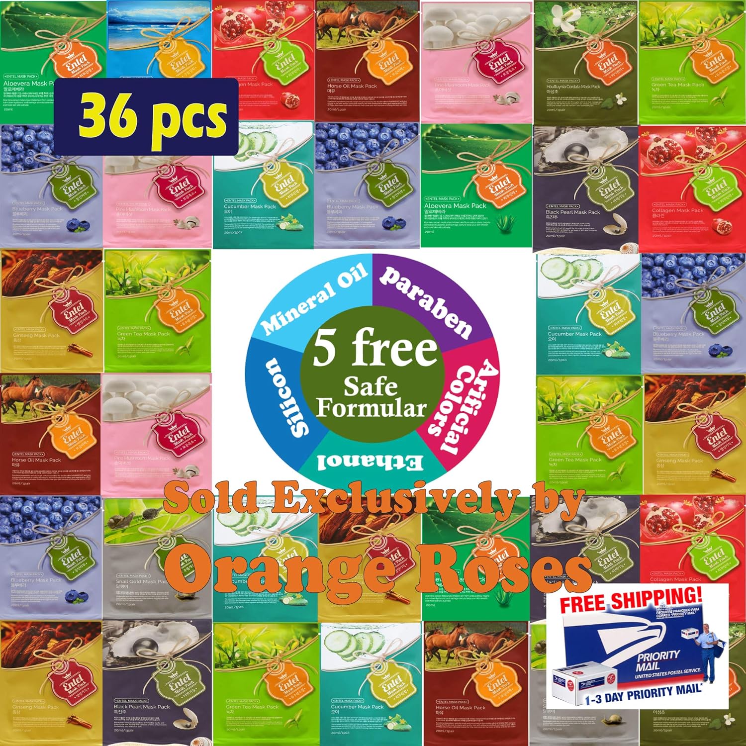 {Entel} 36 Pcs Combo-Pack, Premium Korean Essence Facial Mask Sheet (12 Types x 3 pcs), Five Chemical Free : No Paraben, No Silicon, No Mineral Oil, No Artificial Colors,No Ethanol