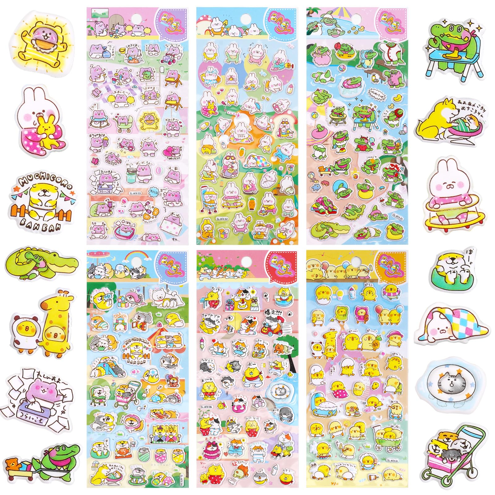 SHANGRLA SHANGRLA Kawaii Japanese Puffy Stickers - Cute 3D Puff Cartoon Anime Stickers for Kids Girls - Small Japan Baby Animal Stickers for Phone Case,6 Pack.