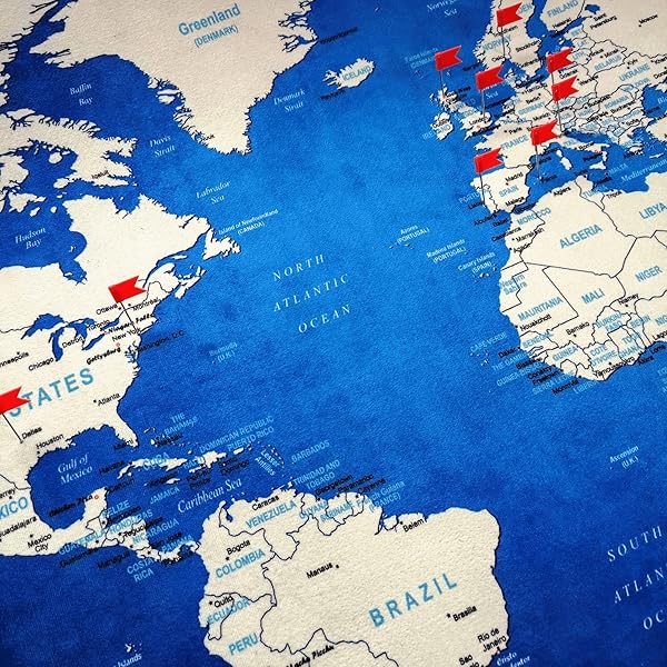 WORLD MAP XXL 51 X 28 INCHES IN ‘ERROR BLUE’, FLEECE WALL HANGING AS TRAVEL PIN BOARD IN MODERN WALL ART DESIGN, 20 FLAG PUSH PINS INCLUDED