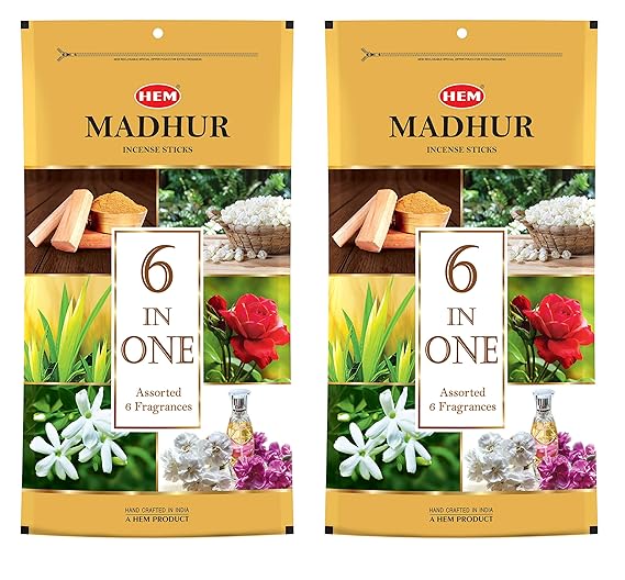HEM Madhur Incense Sticks | 6 in One Assorted Fragrance Agarbatti | Pack of 2 | Ziplock Packet | Fragrances - Sandal, Mogra, Jasmine, Kewda, Rose & Intimate | 540g