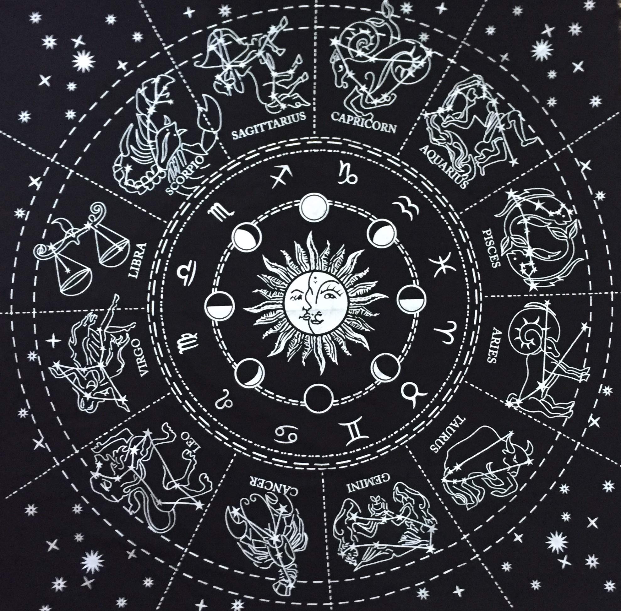 Indian Consigners Altar Cloth Zodiac Astro Witchcraft Alter Tarot Spread Table Cloth Wiccan Spiritual Sacred Cloth (Zodiac Silver)