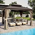 LAUSAINT HOME 10'x12' Hardtop Gazebo with Nettings and Curtains, Waterproof Permanent Heavy Duty Double Hard Roofs Gazebos with Brown Aluminum Frame for Lawn, Party