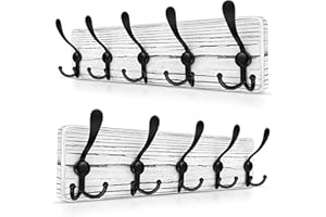 SAYONEYES Coat Rack Wall Mount with 5 Tri Hooks for Hanging Towels, Clothes, Hat, Bag Hanger Holder -– Heavy Duty Rustic Pine White Wood Rack Bathroom Entryway 17 Inch Length - 2 Pack