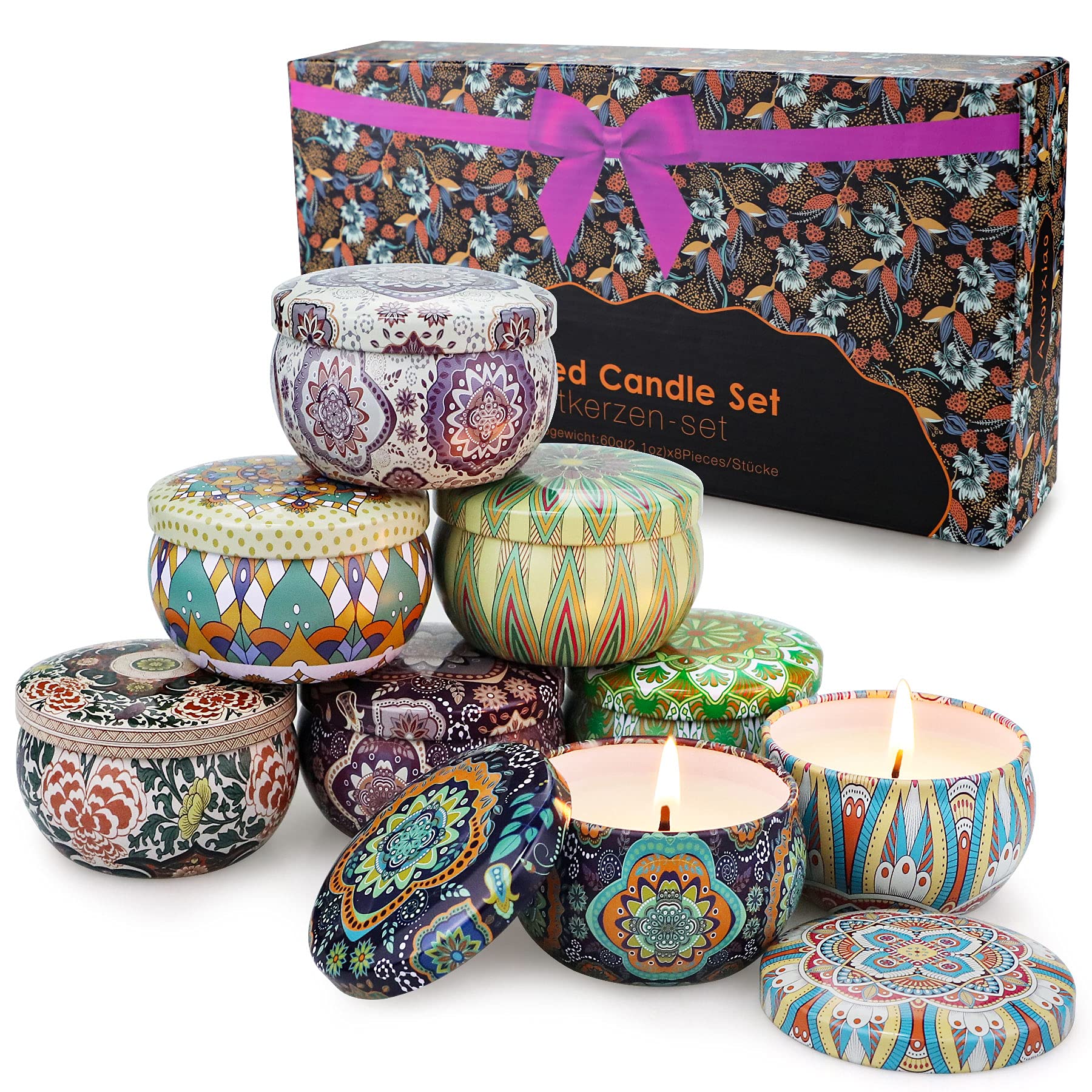 8 pcs Scented Candles Gift Set with Iron Can, Soy Wax Portable Travel Candles Women Gift, Aromatherapy Candles for Yoga, Relaxation, Stress Relief, Air Refresh, Birthday, Anniversary, Christmas