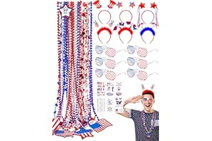 Blowata 90PCS 4th of July Set, Patriotic Headbands Bead Necklaces Face Tattoos Shutter Glasses for Independence Day, Accessories for Parade and Party