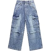 KIDSCOOL SPACE 6-Pocket Girls Wide-Leg Denim Pants, 5-14T Ribbed Waist with Opening On Leg Cargo Jeans