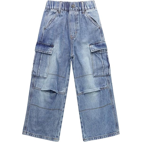 Pantalones De Carga De Mezclilla Lavada Con Cintura Elástica Para Niñas