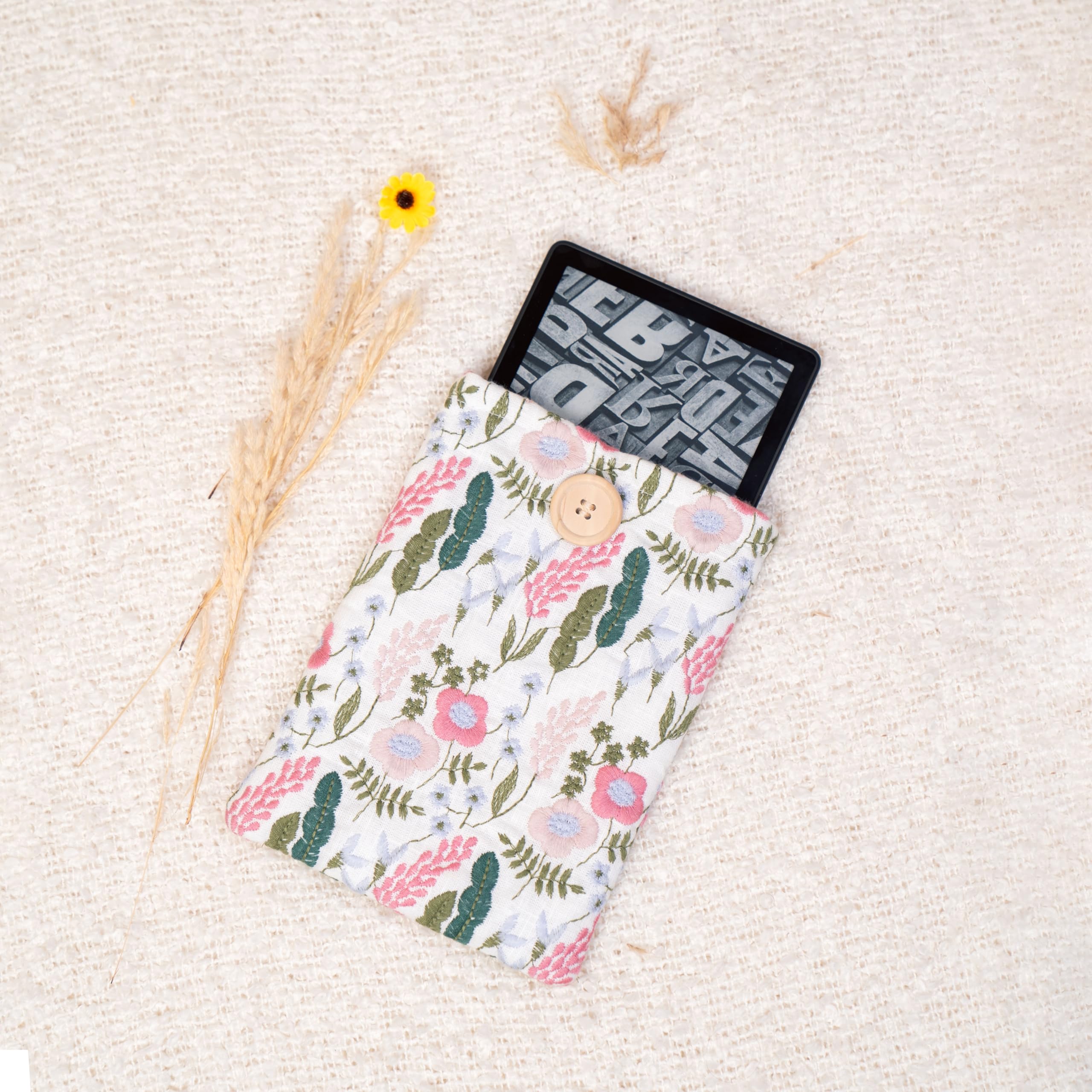 Embroidered Floral Kindle Sleeve - Compatible with Paperwhite/Basic (6''), Paperwhite (6.8''), Signature (6.8'') - Cotton Padded E-Reader Cover - Tablet Pouch (Lavender Garden - White)