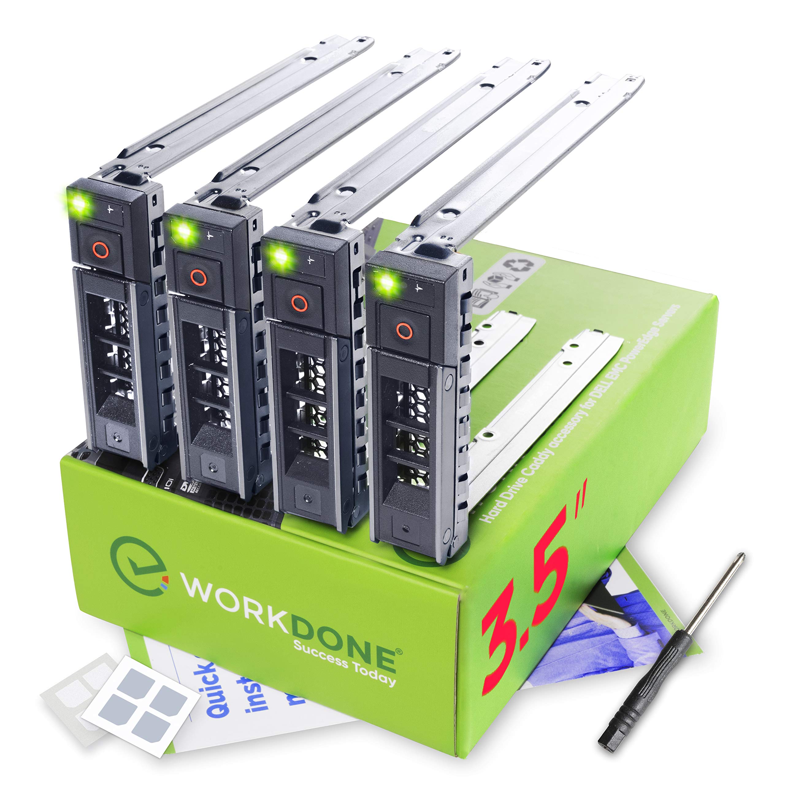 WORKDONE 4-Pack - 3.5 inch Hard Drive Caddy - Compatible for Dell PowerEdge Servers - with Detailed Installation Manual - Sled Front Sticker Labels - Screwdriver- Added HDD Tray Screws