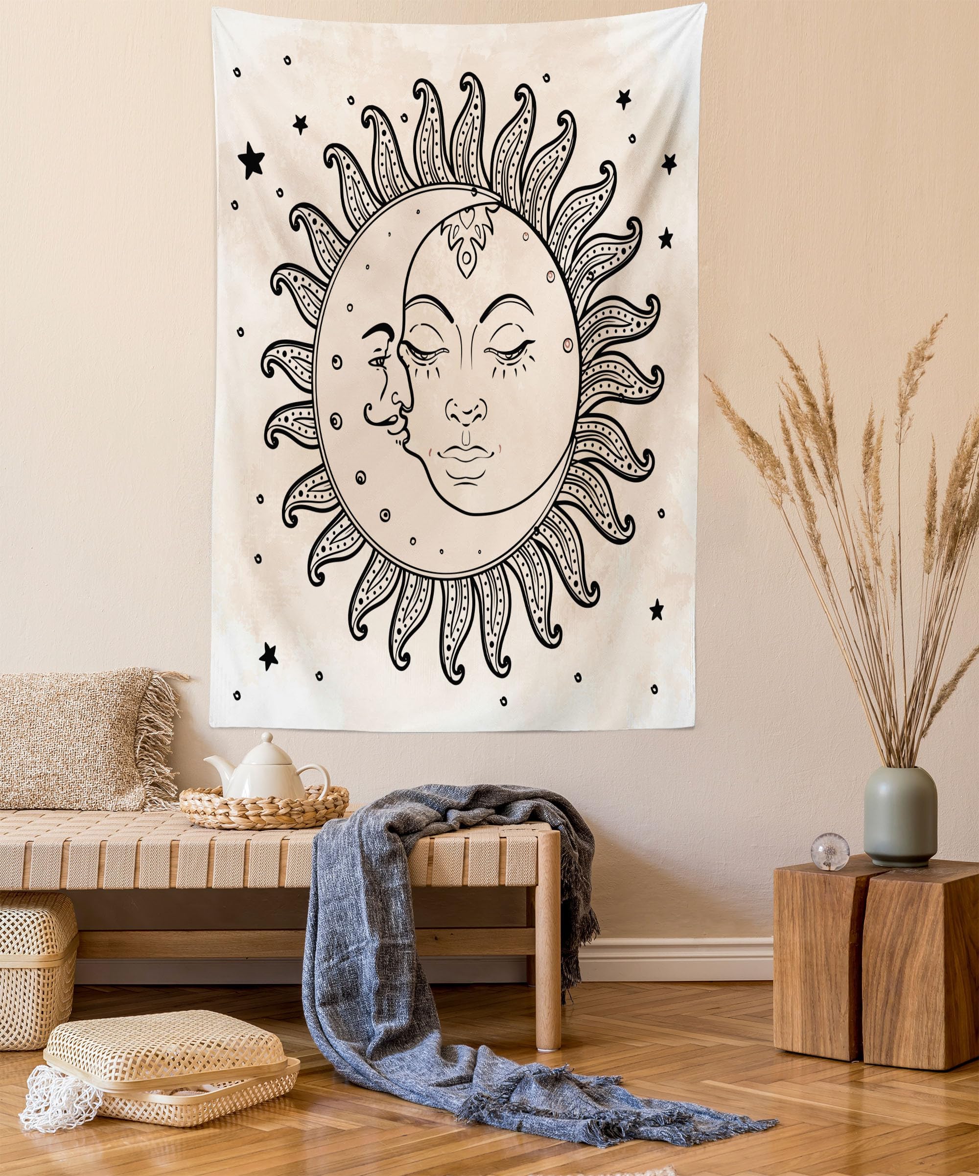 ABAKUHAUS Sketchy Tapestry, Sun and Moon Celestial Figures Composition Day`s Cycle Mystical Inspiration, Fabric Wall Hanging Decor for Bedroom Living Room Dorm, 54 W X 90 L, Charcoal Grey Tan