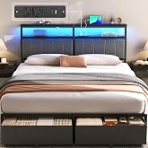 UHTN Queen Bed Frame with Storage Drawers and Charging Station, Grey | Upholstered Platform Bed with LED Lights, 2-Tier Headboard Storage Shelf, Noise Free, Metal Support, No Box Spring Needed