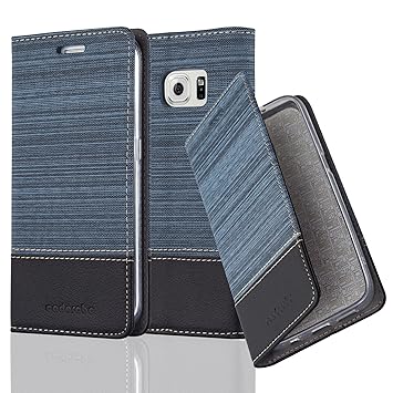 Cadorabo Hülle für Samsung Galaxy S6 Edge - Hülle in DUNKEL BLAU SCHWARZ – Handyhülle mit Standfunktion und Kartenfach im Sto