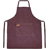 AKCOT 100% Cotton washed Apron with Pocket and Adjustable Neck with Long Ties Apron 25" X 31" for Women Men Chef Cooking, Baking, Gardening, Brown