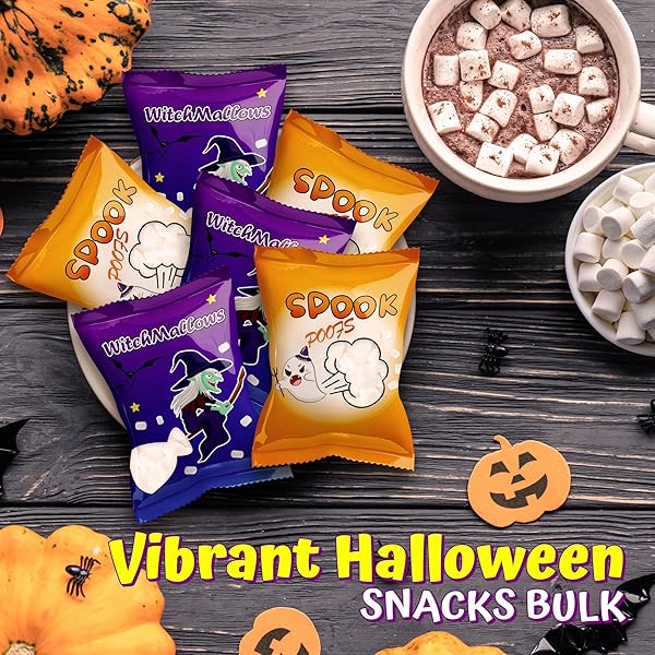 50 PACK ASSORTED HALLOWEENS MINI MARSHMALLOWS INDIVIDUALLY WRAPPED, WITCHMALLOW & SPOOK POOF, VANILLA FLAVORED, HALLOWEENS THEMED SNACKS BULK, KIDS FUN HALLOWEEN CANDY BULK FOR TRICK OR TREAT