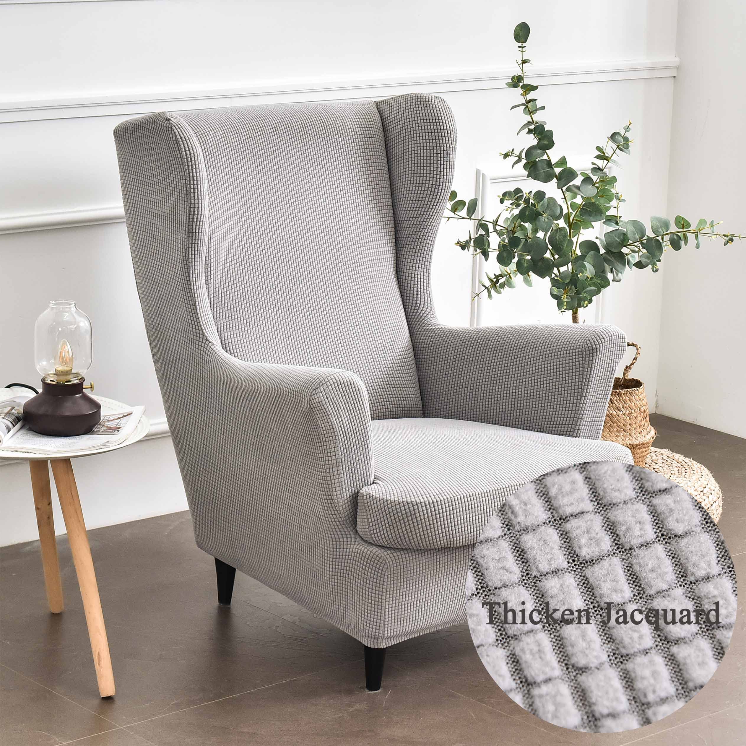 Highdi Wingback Chair Covers 2 Piece Stretch Wing Chair Slipcover, Solid color Jacquard Thicken Strandmon Sofa Cover Furniture Protector for Armchair Chairs Living Room Bedroom Hotel (Grey)
