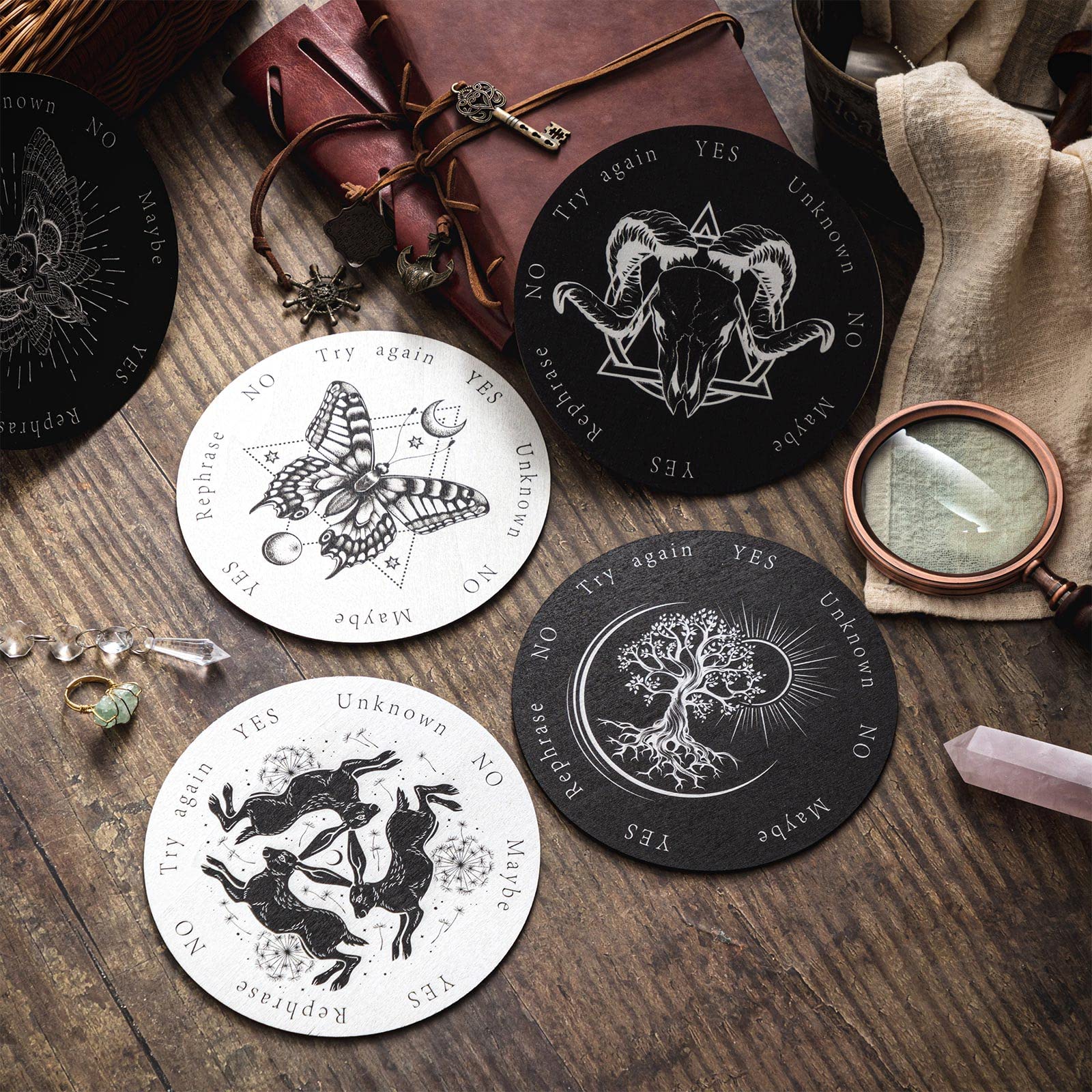 8 Pack Pendulum Board for Divination Dowsing Board Divination Metaphysical Message Witch Wooden Board Wiccan Decision Making Pendulum Kits for Beginners, 6 Inch (Classic Style)