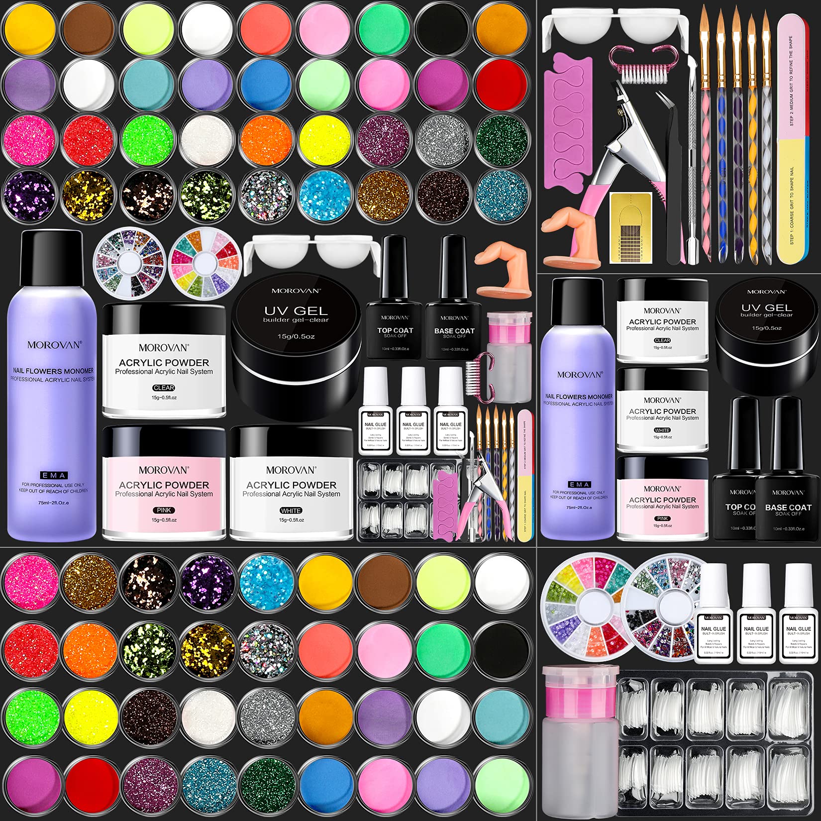 Morovan Acrylic Nail Kit Liquid Monomer - Glitter Powder with Carving Powder Set,Complete Practice Hand Acrylic Nails With Everything,French Nail Tips,Professional Acrylic Nail Brush Kit for Beginners