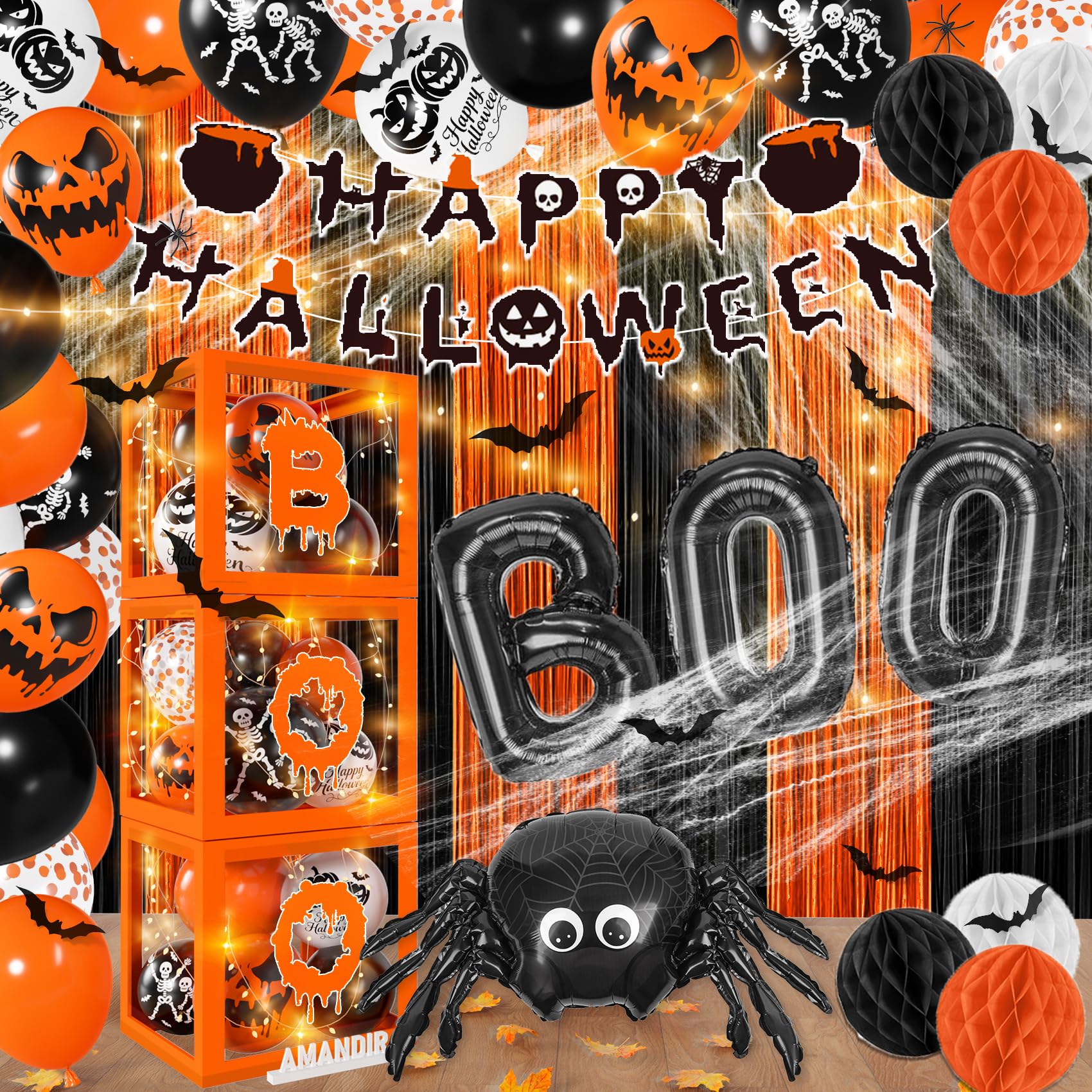 Photo 1 of Amandir Halloween Party Decorations Supplies Balloon Boxes with Lights Boo Letters, Happy Halloween Banner, Orange Black Honeycomb Balls, Ghost Spider Wed Foil Balloons, Fringe Curtains, Bats Stickers