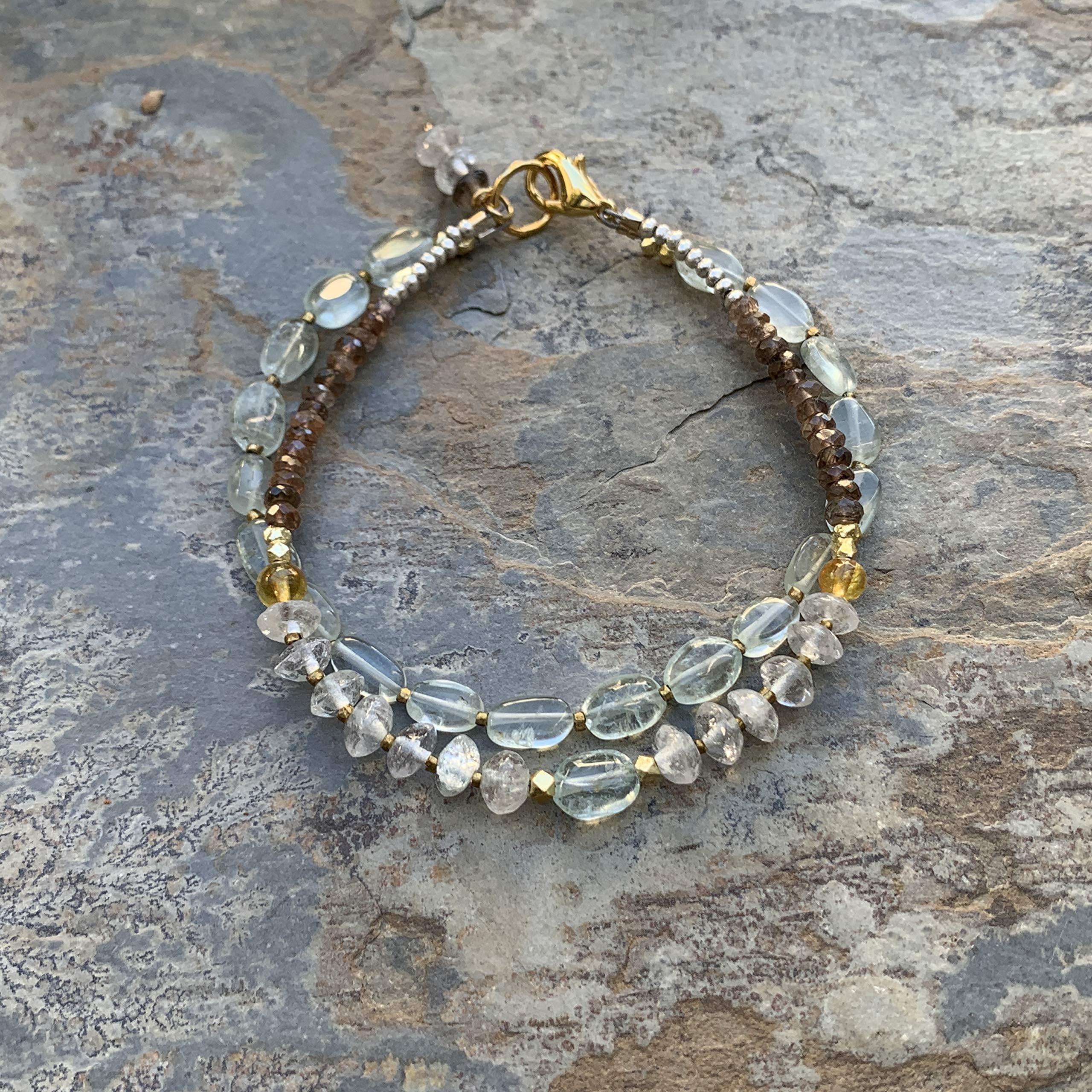 Aquamarine with Andalusite and Moonstone Bracelet with Vermeil Gold, 7.5 inch