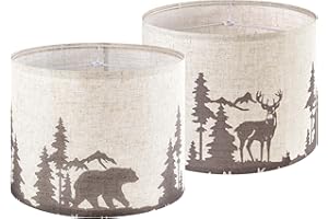 GO&SO Drum Lampshades Set of 2 Medium Beige Bear & Deer Lamp Shades for Table Lamps -13" Top x 13" Bottom x 10" High (Spider) Vintage Replacement Lampshade Printed Natural Linen Required Assembly