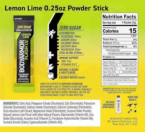 BODYARMOR FLASH IV ELECTROLYTE PACKETS, LEMON LIME – ZERO SUGAR DRINK MIX, SINGLE SERVE PACKS, COCONUT WATER POWDER (6 COUNT)