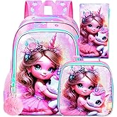 gxtvo 3PCS Unicorn Backpack for Girls, 16" Kids Bookbag with Lunch Box, Water Resistant Elementary School Bag for Preschool Toddler