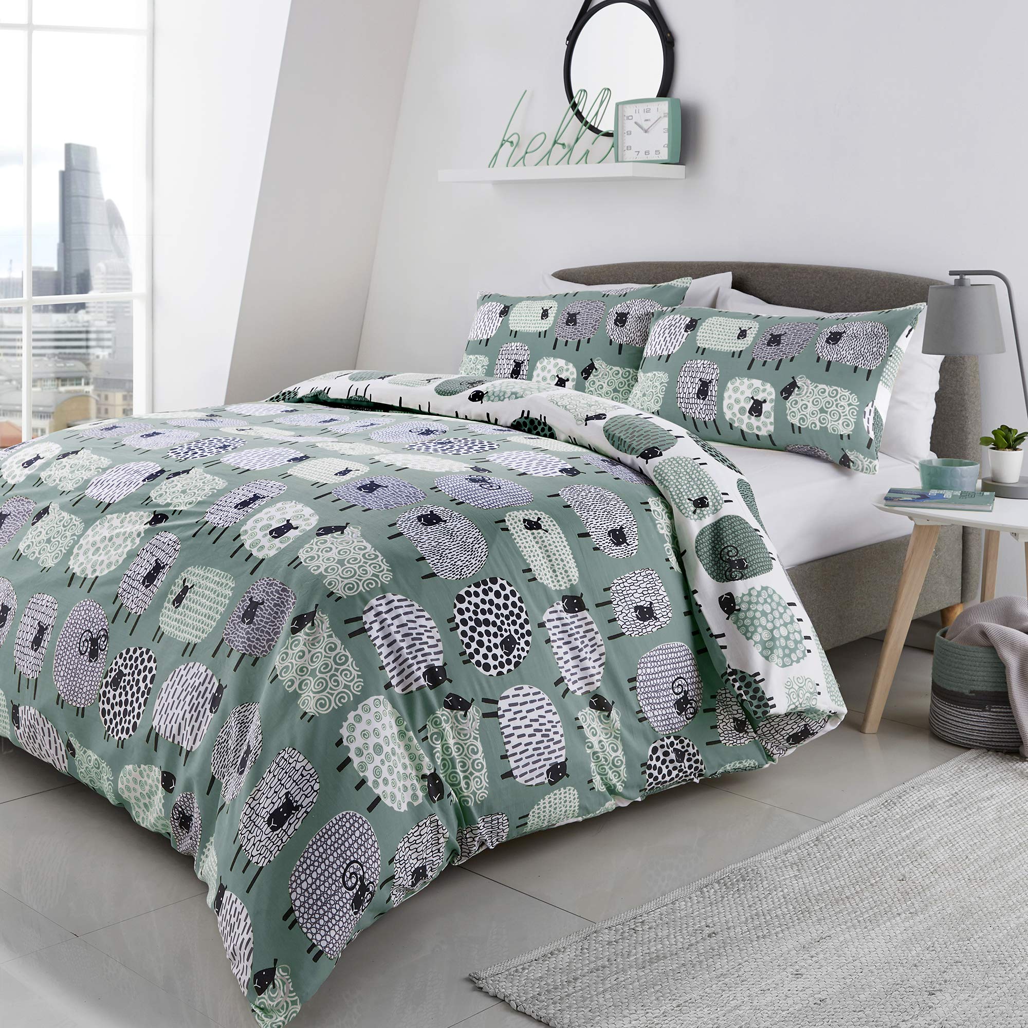 Fusion Dotty Sheep Duvet Cover – Single Size 140 x 200cm – Duck Egg Blue – Reversible Farm Animal Bedding – 100% Cotton – Gifts for Animal Lovers