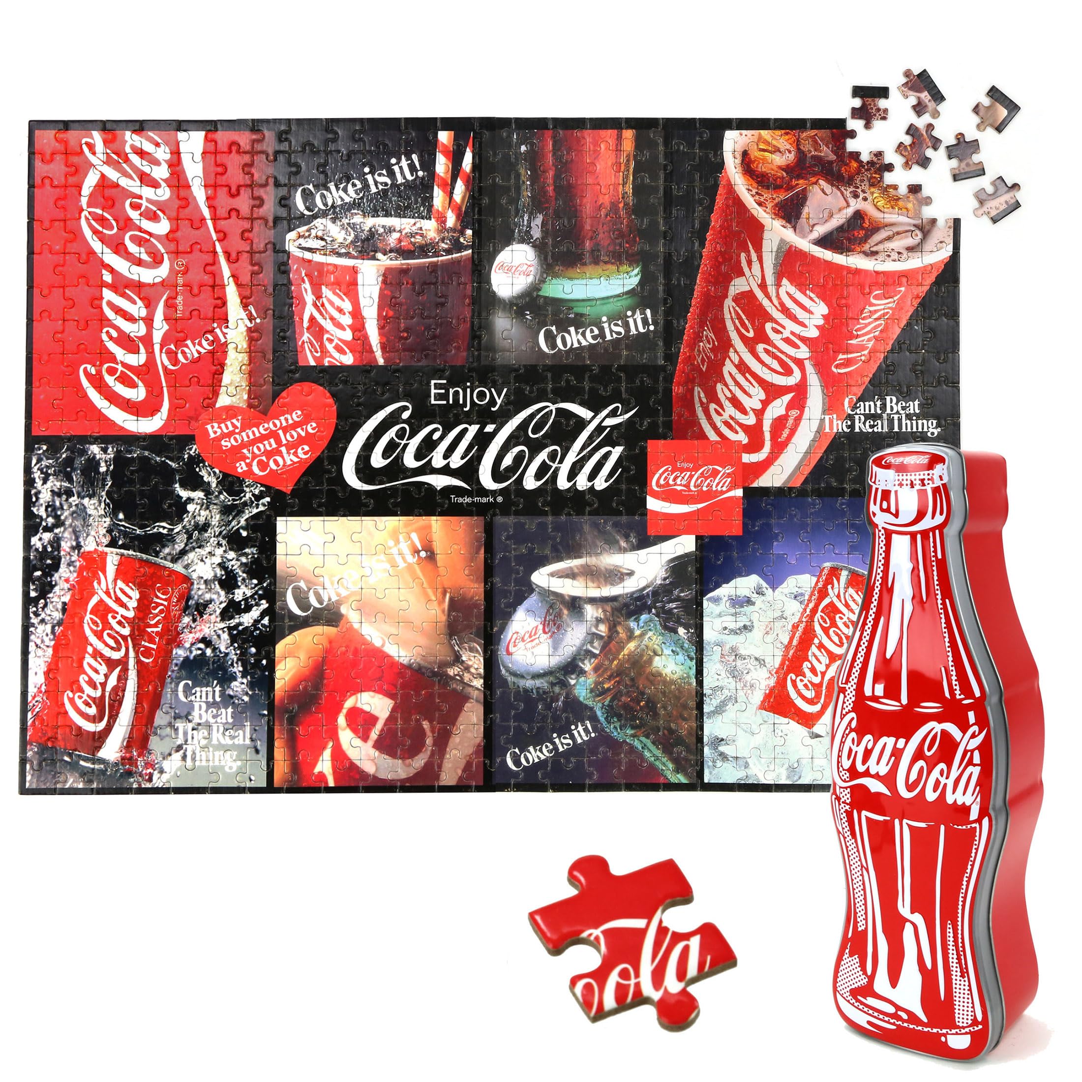 Coca-Cola 500 Piece Jigsaw Puzzle in Iconic Collectible Bottle-Shaped Tin – Retro Coke Adverts Collage – Official Licensed Coke Merchandise