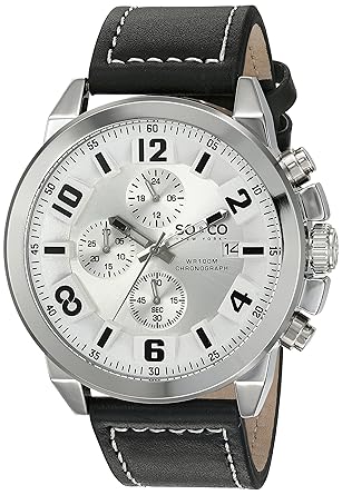 SO&CO New York Mens 5212.1 Monticello Quartz Chronograph Date Black Genuine Leather Strap Watch