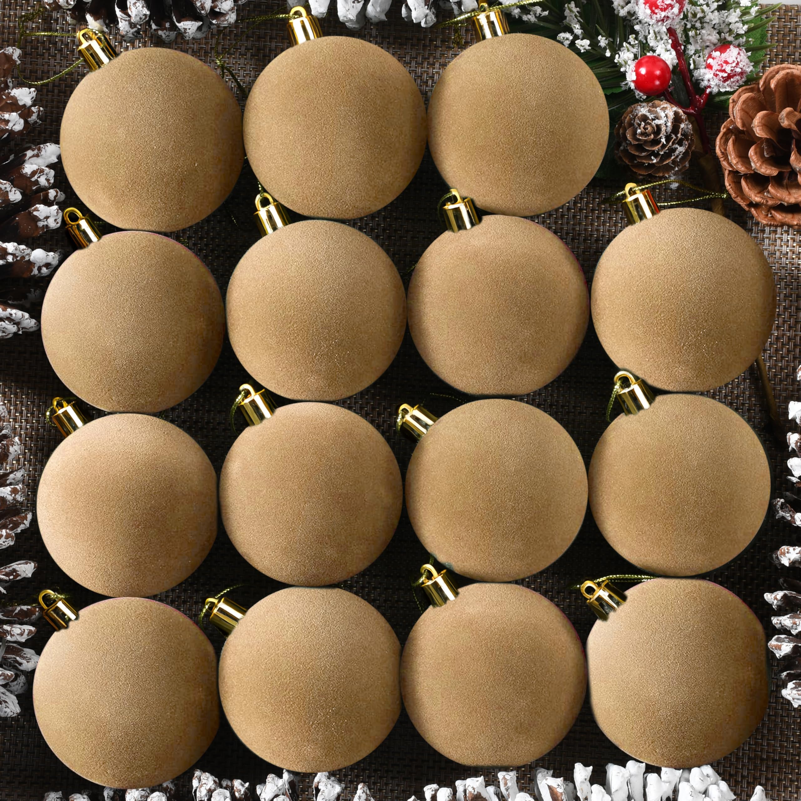 Photo 1 of OCTERIC 30 Pcs 2.4 Inches Velvet Christmas Ball Ornaments, Shatterproof Khaki Flocked Bulbs Decorations Set, Retro Decorative Hanging Plastic Ornaments for Xmas Tree Holiday Party Décor
