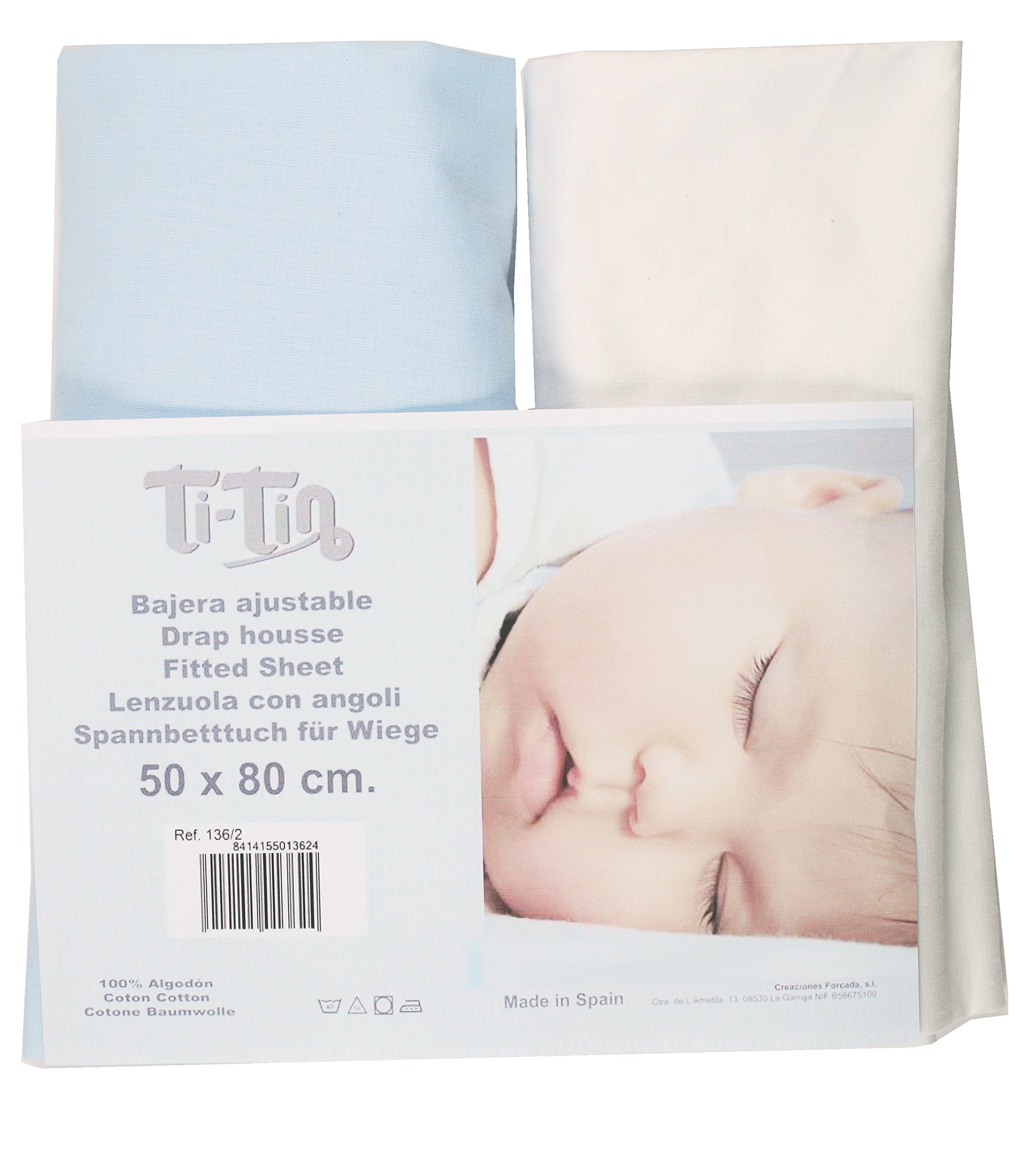 Ti TIN - Pack of 2 Fitted Sheets for Cot or Mini Cot 100% Cotton | Adjustable Fitted Sheets with Elastics, 2 Units, White and Sky Blue