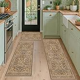 JTJ Brown Washable Kitchen Rugs Sets of 3, Non-Slip Low Pile Floor Mats with Warm Vintage Floral Pattern, Soft-Feel Runner Rug for Sink Area, Laundry Room and Home Décor