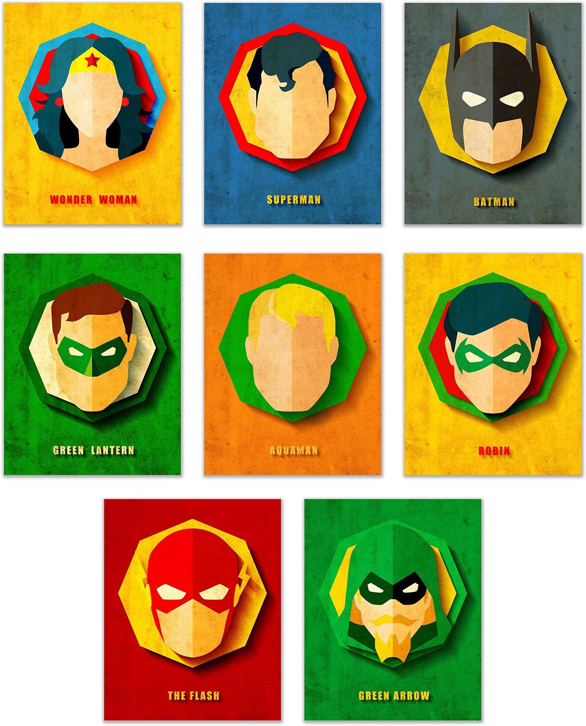 Infinity Creations DC Comics Superheros Set of 8: Wonder Woman, Superman, Batman, Green Lantern, Aquaman, Robin, The Flash, and Green Arrow - Unframed Posters (8"x10")