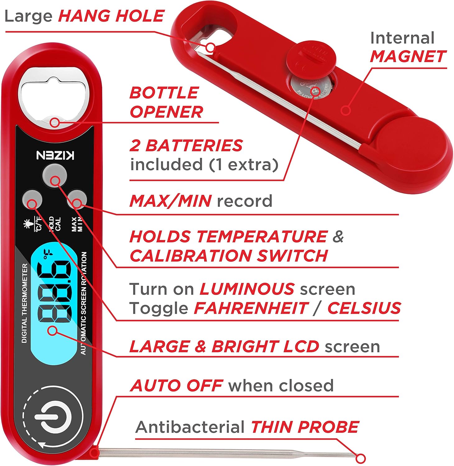 Kizen IP100 Instant Read Meat Thermometer - Waterproof Ambidextrous Thermometer with Backlight & Calibration. Digital Food Thermometer for Kitchen, Outdoor Cooking, BBQ, and Grill! (Red): Industrial & Scientific