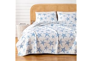 Great Bay Home Twin/Twin XL Coastal Quilt Bedding Set, Summer Coastal Quilt with Sham, Beach 2-Piece Reversible All Season Bedspread Quilt Set. Lightweight Nautical Quilted Coverlet. Blue