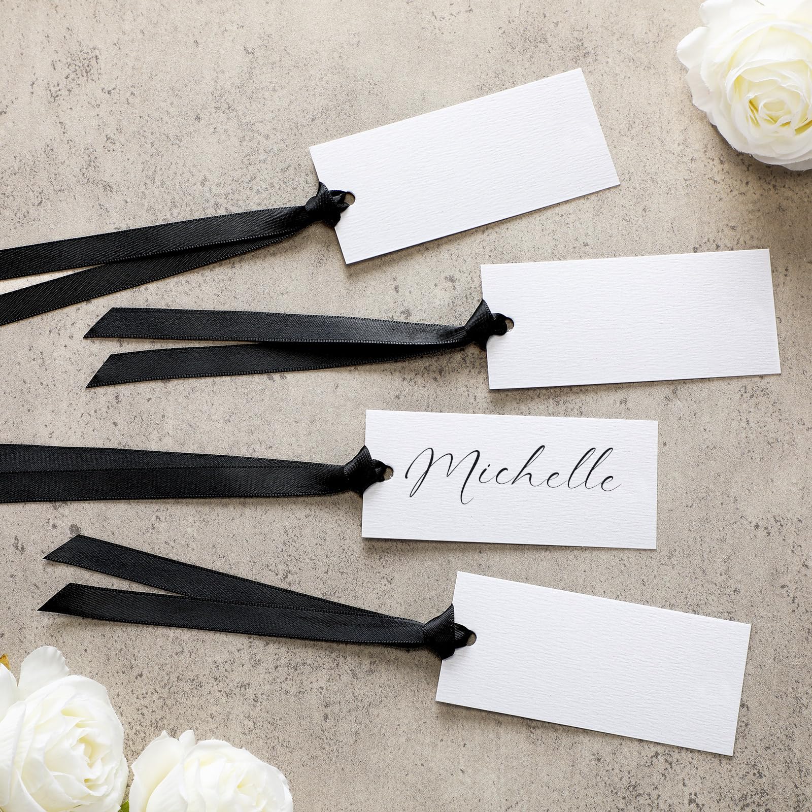 Photo 1 of Humyoun 50 Pcs Name Place Cards for Table Setting Blank Wedding Place Cards with Satin Ribbon 1.57 x 3.54 Inch Hanging Gift Tags for Wedding Dinner Banquet Party Table Setting Supplies (Black)