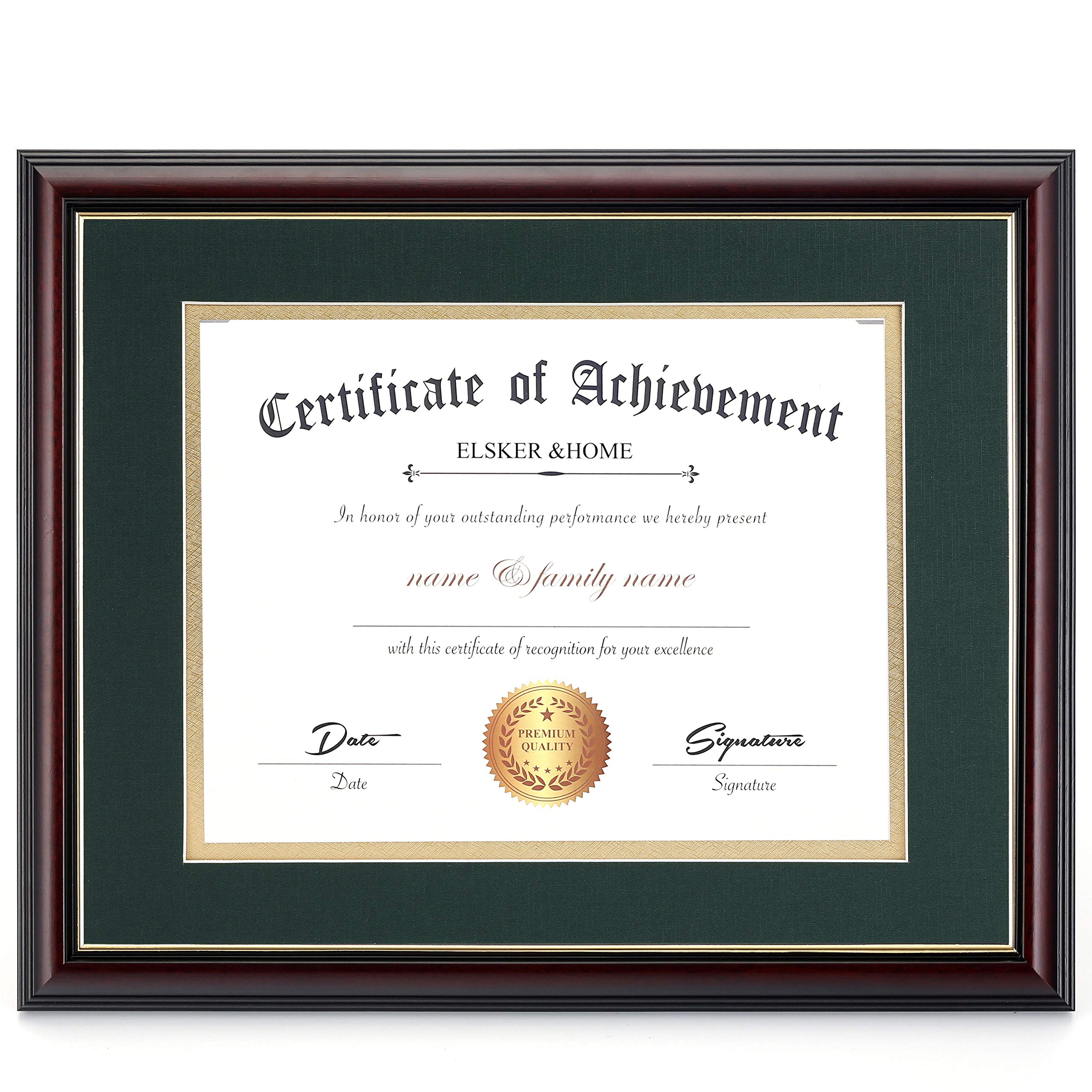 Photo 1 of ELSKER&HOME 8.5x11 Diploma Frame with Green Mat - Solid Wood Color Frame - Made for Certificates Sized 8.5x11 Inch with Mat and 11x14 Inch Without Mat (Double Mat, Green with Golden Rim)